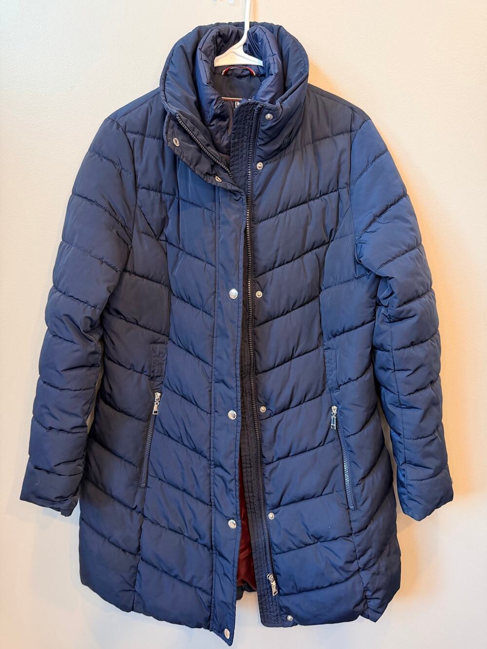 Tommy Hilfiger 2 Zip Navy Chevron Mid-Length Puffer Coat Jacket Women's Medium